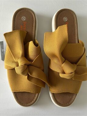 Bernie Mev. Yellow Knit Bow Slide Sandals